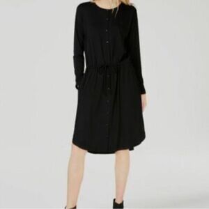 Eileen‎ Fisher Black Jersey Button-Front Drawstring Curved Hem Dress Cozy Sz XL